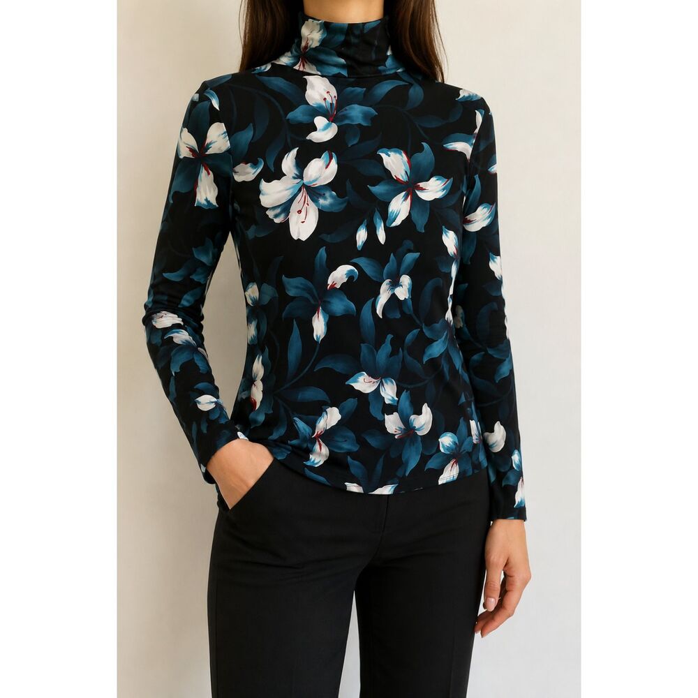 Investments Essentials Size XL Floral Turtleneck Blouse Blue Long Sleeve Top
